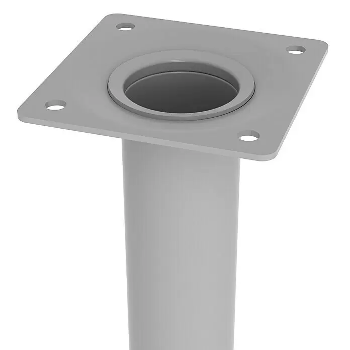 Rei Möbelfuß L 300 - Ø x H: 3 x 30 cm, Traglast: 150 kg, Stahl, Silber - Graue Metall-Bodenplatte mit vier Schraubenlöchern und zylindrischem Stützpfosten.