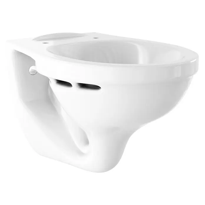 Simena Wand-WC - Mit Spülrand, Ohne Spezialglasur, Spülform: Tief, WC Abgang: Waagerecht, Weiß - Nahaufnahme einer weißen, wandmontierten Toilette, die modernes Design und Funktionalität für Badezimmer zeigt.