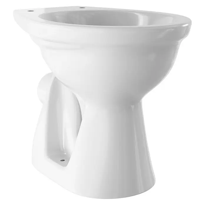 Simena Stand-WC - Mit Spülrand, Ohne Spezialglasur, Spülform: Tief, WC Abgang: Waagerecht, Weiß - Nahaufnahme einer weißen Standtoilette. Das keramische Objekt hat eine glänzende Oberfläche und ein modernes Design für das Badezimmer.