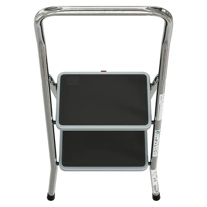 Krause Klapptritt Toppy XL - Anzahl Tritte: 2 Stk., Arbeitshöhe: 2,5 m, Belastbarkeit: 150 kg, Aluminium - Bild einer zweistufigen Trittleiter aus Metall mit rutschfesten Stufen, ideal für den Haushalt.