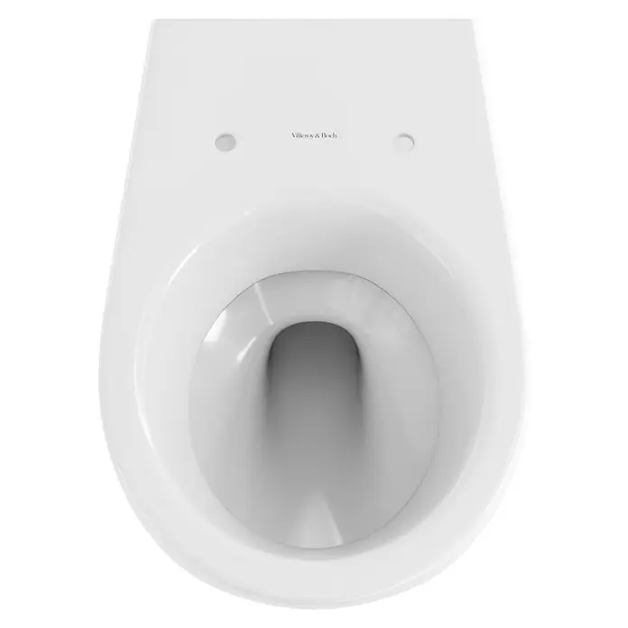 Villeroy & Boch Wand-WC Omnia Pro - Mit Spülrand, Mit schmutzabweisender Glasur, Spülform: Tief, WC Abgang: Waagerecht, Weiß - Das Bild zeigt eine elegante, weiße Villeroy & Boch Toilette in einer Draufsicht, die das moderne Design und die klaren Linien hervorhebt.