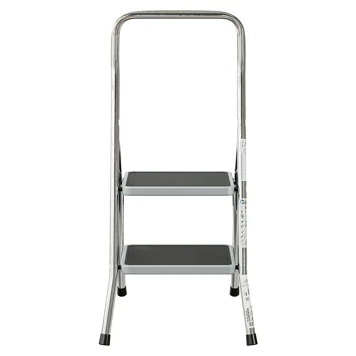 Krause Klapptritt Toppy XL - Anzahl Tritte: 2 Stk., Arbeitshöhe: 2,5 m, Belastbarkeit: 150 kg, Aluminium - Eine silberne Trittleiter mit zwei Stufen und einem Haltebügel ist vor einem schwarzen Hintergrund abgebildet.