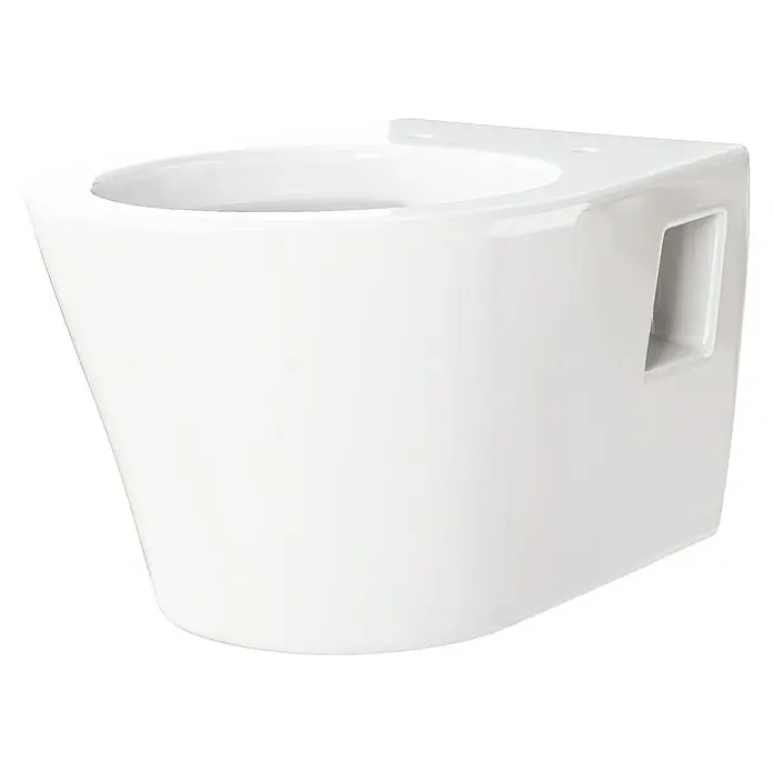 Camargue Rio Wand-WC - Spülrandlos, Ohne Spezialglasur, Spülform: Tief, WC Abgang: Waagerecht, Weiß - Das Bild zeigt eine moderne, wandhängende Toilette in Weiß. Das Design ist minimalistisch und die Formgebung elegant, ideal für moderne Badezimmer.