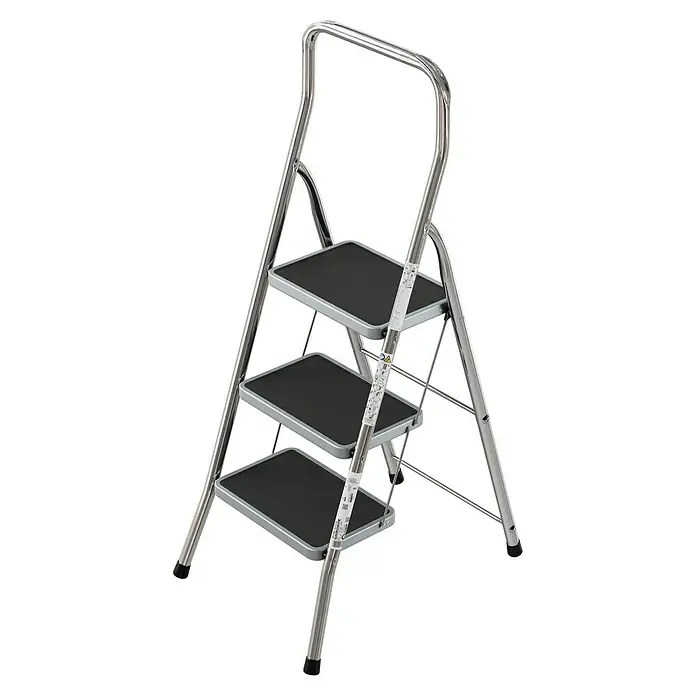 Krause Klapptritt Toppy XL - Anzahl Tritte: 3 Stk., Arbeitshöhe: 2,7 m, Belastbarkeit: 150 kg, Aluminium - Drei-Stufen-Leiter aus Metall mit schwarzen Stufen und einem stabilen Haltegriff. Sie ist leicht und ideal für den Hausgebrauch.