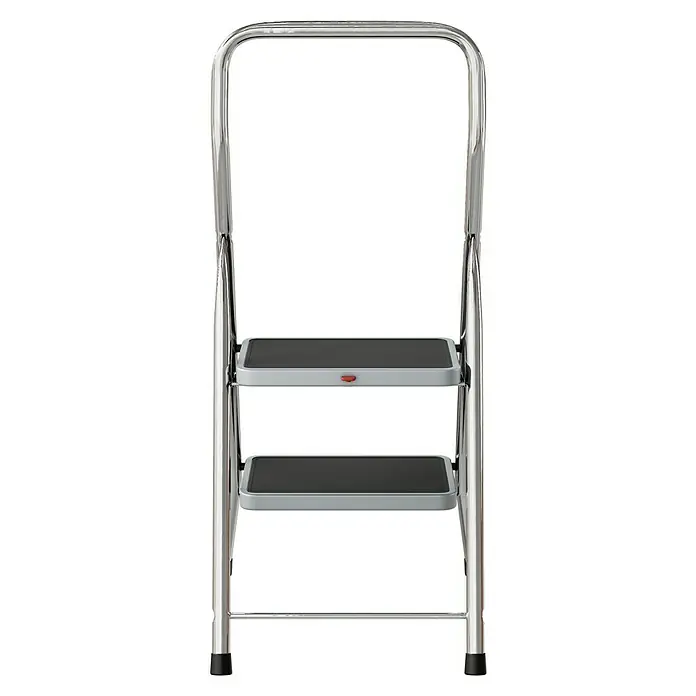 Krause Klapptritt Toppy XL - Anzahl Tritte: 2 Stk., Arbeitshöhe: 2,5 m, Belastbarkeit: 150 kg, Aluminium - Bild einer zweistufigen Trittleiter aus Chrom mit schwarzen Stufen, ideal für den Haushalt oder die Werkstatt.