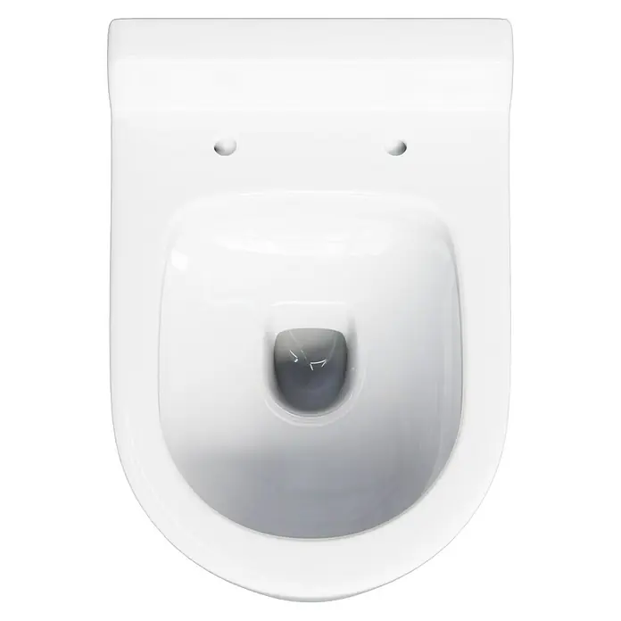 Camargue Empire Wand-WC - Mit Spülrand, Ohne Spezialglasur, Spülform: Tief, WC Abgang: Waagerecht, Weiß - Nahaufnahme einer modernen, weißen Wand-Toilette. Das schlichte Design und die saubere Optik des Sanitärkeramik-Produkts stehen im Fokus.