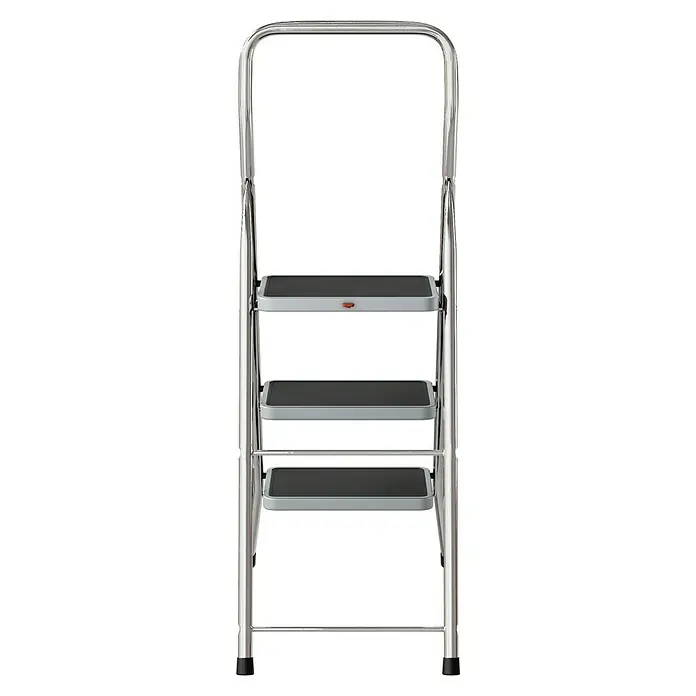 Krause Klapptritt Toppy XL - Anzahl Tritte: 3 Stk., Arbeitshöhe: 2,7 m, Belastbarkeit: 150 kg, Aluminium - Dieses Bild zeigt eine dreistufige Trittleiter aus Metall, ideal für den Haushalt. Sie bietet sicheren Halt beim Erreichen höher gelegener Orte.