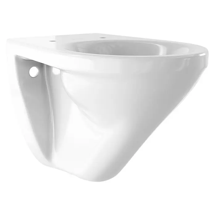 Villeroy & Boch Wand-WC Omnia Pro - Mit Spülrand, Mit schmutzabweisender Glasur, Spülform: Tief, WC Abgang: Waagerecht, Weiß - Nahaufnahme einer modernen, weißen Wand-Toilette, die durch ihr minimalistisches Design und ihre sauberen Linien besticht.