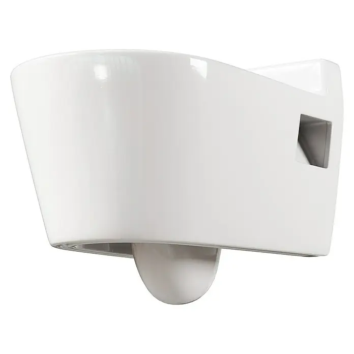Camargue Empire Wand-WC - Mit Spülrand, Ohne Spezialglasur, Spülform: Tief, WC Abgang: Waagerecht, Weiß - Nahaufnahme einer weißen, modernen Wandleuchte mit einer abgerundeten Form und einem kleinen Fenster an der Seite.