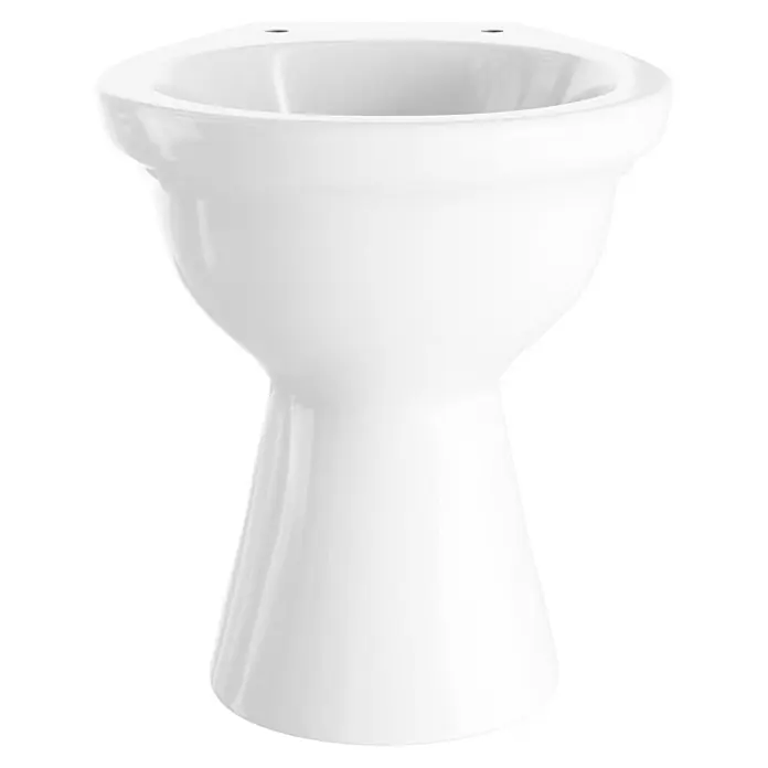 Simena Stand-WC - Mit Spülrand, Ohne Spezialglasur, Spülform: Tief, WC Abgang: Waagerecht, Weiß - Nahaufnahme eines weißen Keramikwaschbeckens mit glänzender Oberfläche und klassischem Design vor schwarzem Hintergrund.