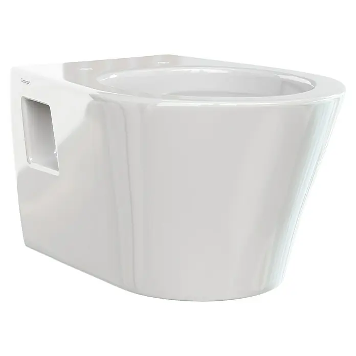 Camargue Rio Wand-WC - Spülrandlos, Ohne Spezialglasur, Spülform: Tief, WC Abgang: Waagerecht, Weiß - Nahaufnahme einer weißen wandhängenden Keramiktoilette, die ein modernes und minimalistisches Design zeigt.\n