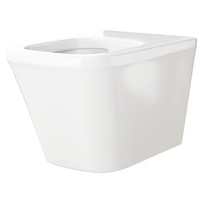 Camargue Los Angeles Wand-WC - Spülrandlos, Ohne Spezialglasur, Spülform: Tief, WC Abgang: Waagerecht, Weiß - Nahaufnahme einer weißen, wandhängenden Toilette mit einem modernen, kantigen Design, ideal für stilvolle Badezimmer.