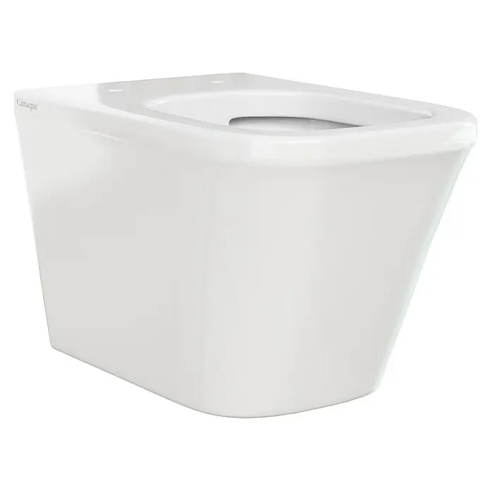 Camargue Los Angeles Wand-WC - Spülrandlos, Ohne Spezialglasur, Spülform: Tief, WC Abgang: Waagerecht, Weiß - Nahaufnahme einer wandhängenden Camargue-Toilette mit glatter, weißer Keramikoberfläche und minimalistischem Design für moderne Badezimmer.