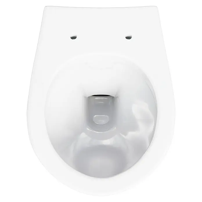 Camargue Rio Wand-WC - Spülrandlos, Ohne Spezialglasur, Spülform: Tief, WC Abgang: Waagerecht, Weiß - Nahaufnahme einer weißen WC-Keramik von oben, das Design ist modern und schlicht gehalten. Ideal für das Badezimmer.