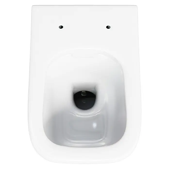 Camargue Los Angeles Wand-WC - Spülrandlos, Ohne Spezialglasur, Spülform: Tief, WC Abgang: Waagerecht, Weiß - Nahaufnahme einer weißen Toilette. Ein modernes, wandhängendes WC-Becken mit glatter Oberfläche und minimalistischem Design.