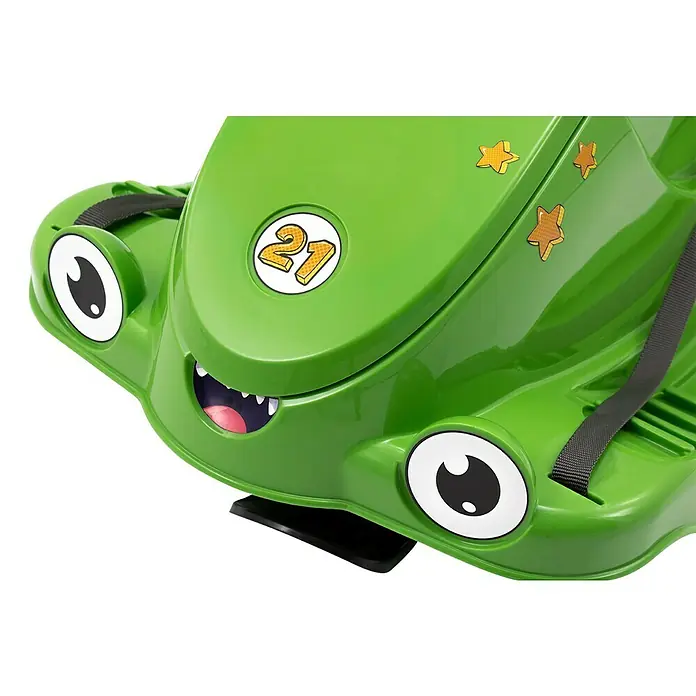 KHW Schlitten Snow Quad - L x B: 91 x 48 cm, Belastbarkeit: 30 kg, Kunststoff, Grün - Nahaufnahme eines grünen Kinderschlittens in Form eines freundlichen Monsters mit großen Augen und einem Lächeln.