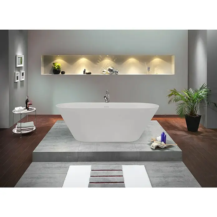 Ottofond Freistehende Badewanne Eko - L x B: 150 x 75 cm, Sanitäracryl, Weiß - Elegantes Badezimmer mit freistehender Badewanne, stilvoller Beleuchtung und modernen Akzenten für ein entspannendes Ambiente.