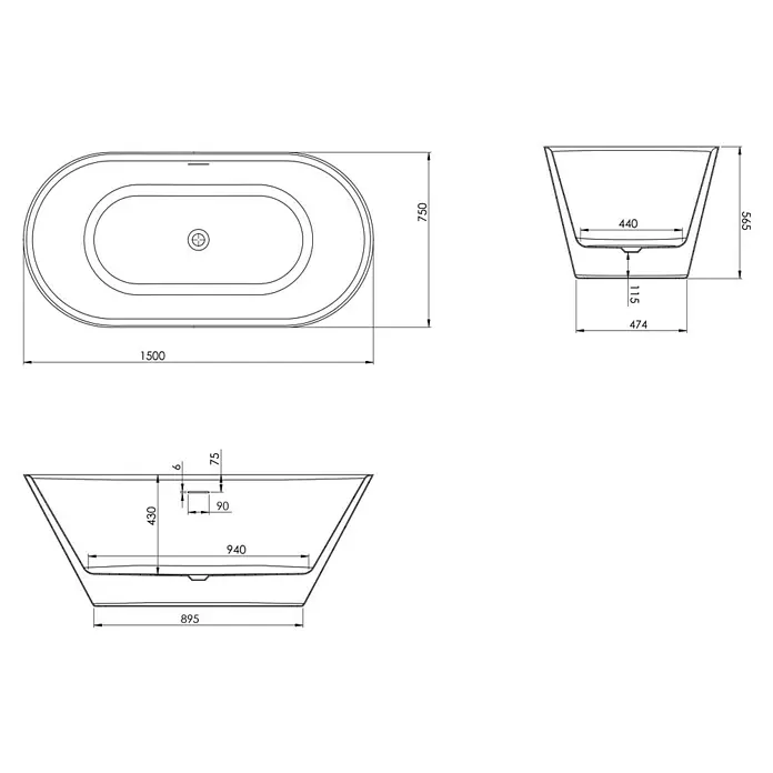 Ottofond Freistehende Badewanne Eko - L x B: 150 x 75 cm, Sanitäracryl, Weiß - Technische Zeichnung einer freistehenden Badewanne mit Maßen und Ansichten. Das ovale Design und die klaren Linien sind gut erkennbar.
