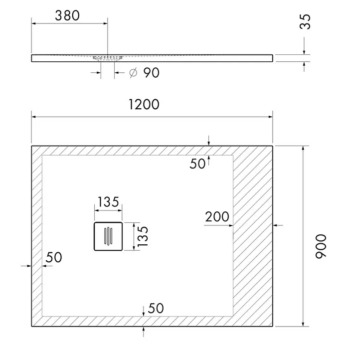Ottofond Duschwanne Nevis - L x B: 120 x 90 cm, Weiß - Abbildung einer Duschwanne mit den Maßen 1200x900x35 mm, einschließlich Ablaufdetails und Einbaumaßen.