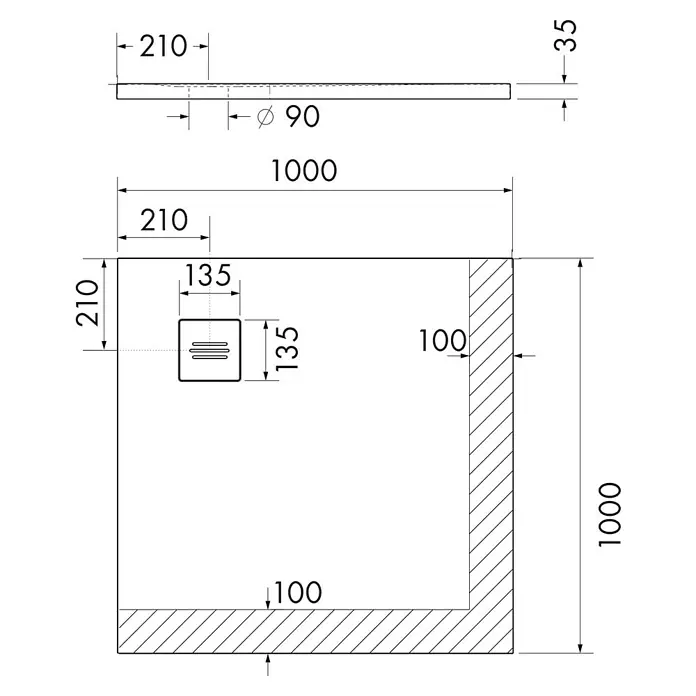 Ottofond Duschwanne Nevis - L x B: 100 x 100 cm, Weiß - Zeichnung einer Duschwanne mit den Maßen 1000 x 1000 mm, Ablauf und Wandabstand.
