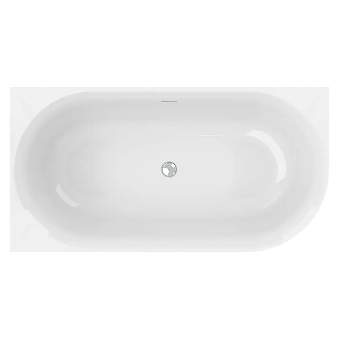 Ottofond Raumsparbadewanne Mince Corner XS - 155 x 80 cm, Sanitäracryl, Weiß, Rechts - Weisse Badewanne von oben, die ein ovales Design mit glatter Oberfläche und einem silbernen Abfluss in der Mitte hat. Die Badewanne lädt zum Entspannen ein.