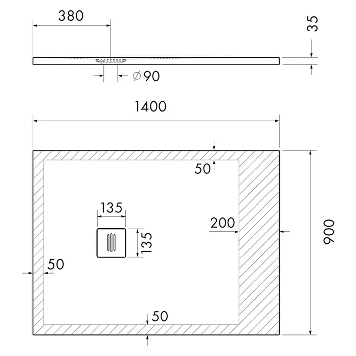 Ottofond Duschwanne Nevis - L x B: 140 x 90 cm, Weiß - Technische Zeichnung einer Duschwanne mit Maßen: 1400 x 900 mm, Höhe 35 mm, Ablaufdurchmesser 90 mm.