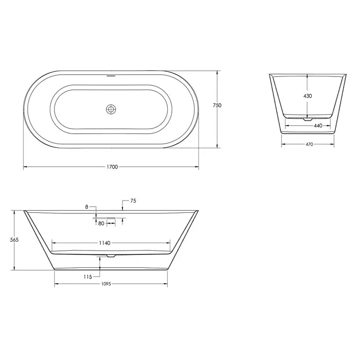 Ottofond Freistehende Badewanne Eko - L x B: 170 x 75 cm, Sanitäracryl, Weiß - Technische Zeichnung einer Badewanne mit Maßangaben, Draufsicht und Seitenansicht.