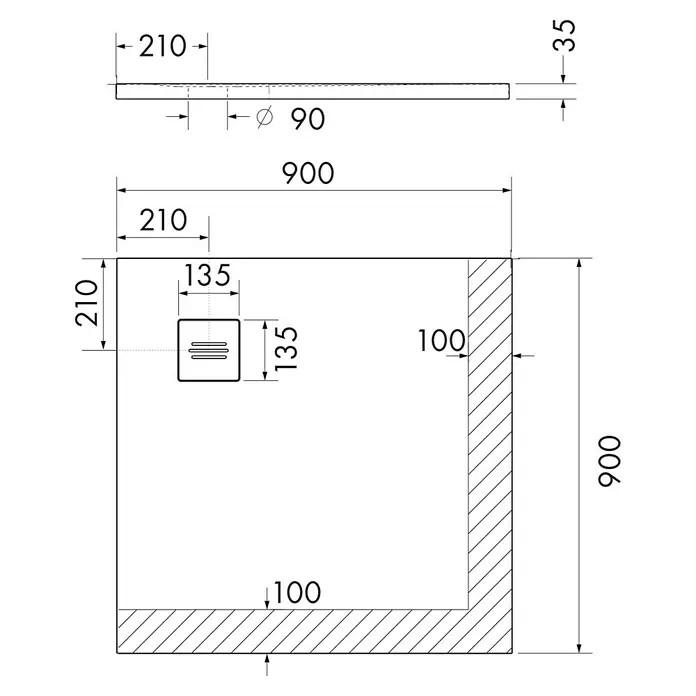 Ottofond Duschwanne Nevis - L x B: 90 x 90 cm, Weiß - Technische Zeichnung einer quadratischen Duschwanne mit Abmessungen und Detailansichten des Ablaufs.