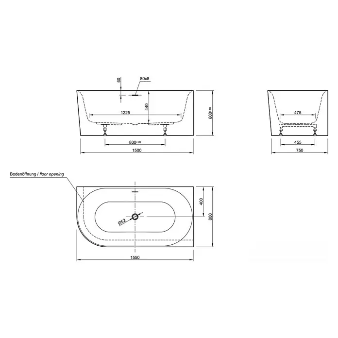 Ottofond Raumsparbadewanne Mince Corner XS - 155 x 80 cm, Sanitäracryl, Weiß, Links - Technische Zeichnung einer Badewanne mit Maßen für Installation und Planung, inklusive Draufsicht und Seitenansichten.