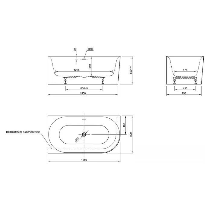 Ottofond Raumsparbadewanne Mince Corner XS - 155 x 80 cm, Sanitäracryl, Weiß, Rechts - Technische Zeichnung einer Badewanne mit Maßangaben zu Länge, Breite, Höhe und Durchmesser des Abflusslochs.