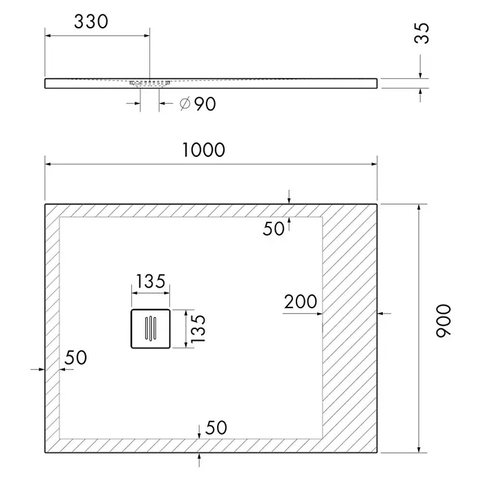 Ottofond Duschwanne Nevis - L x B: 100 x 90 cm, Weiß - Technische Zeichnung einer Duschwanne mit Abmessungen, inklusive Ablaufposition und Gesamthöhe.