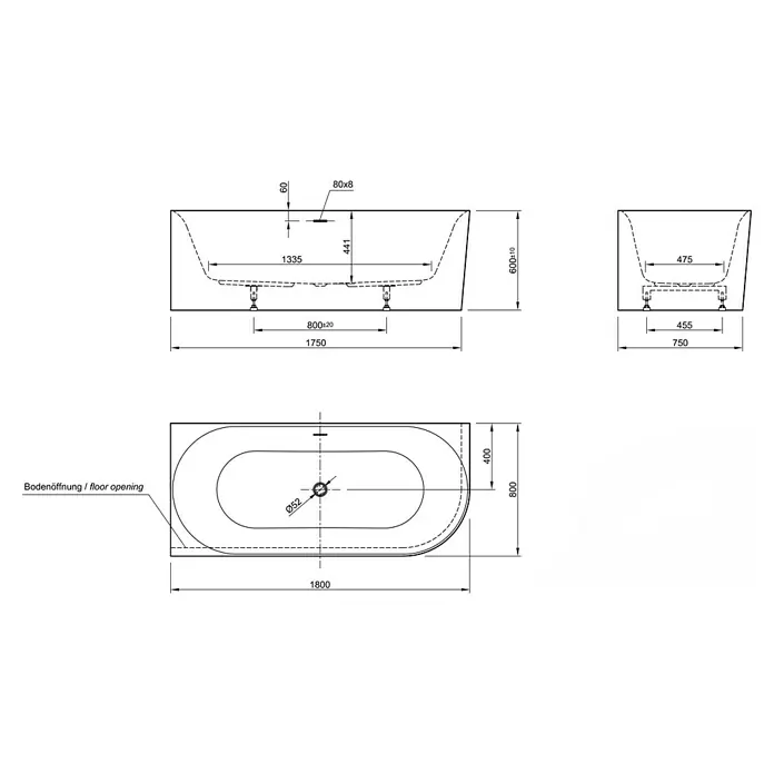Ottofond Raumsparbadewanne Mince Corner - 180 x 80 cm, Sanitäracryl, Weiß, Rechts - Schema der Badewanne mit Maßangaben zu Länge (1800 mm), Breite (800 mm) und Höhe (600 mm).