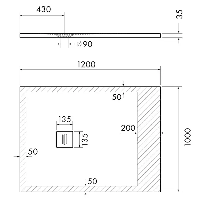 Ottofond Duschwanne Nevis - L x B: 120 x 100 cm, Weiß - Technische Zeichnung einer Duschwanne mit Maßen.