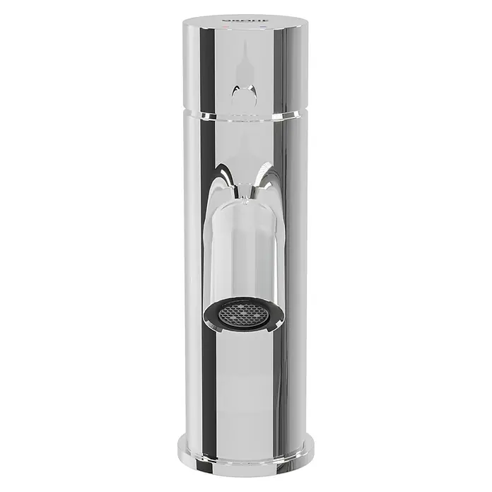 Grohe Essence Waschtischarmatur S-Size - Chrom, Glänzend - Nahaufnahme eines glänzenden, silbernen Wasserhahns. Das Design ist modern und minimalistisch, perfekt für jedes Badezimmer.