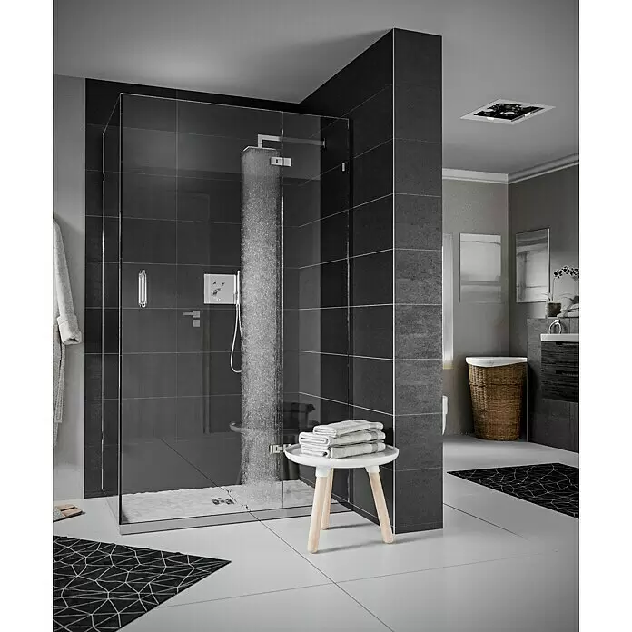Hansgrohe UP-Thermostatarmatur ShowerSelect mit Fixfit und Portereinheit - Chrom, Glänzend - Begehbare Glasdusche mit fließendem Wasser in einem modernen Badezimmer.