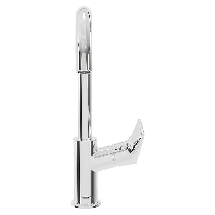 Hansgrohe Logis Waschtischarmatur 210 - Chrom, Glänzend - Nahaufnahme einer glänzenden, verchromten Hansgrohe Armatur mit schlankem Design und modernem Hebel, ideal für jedes Badezimmer.