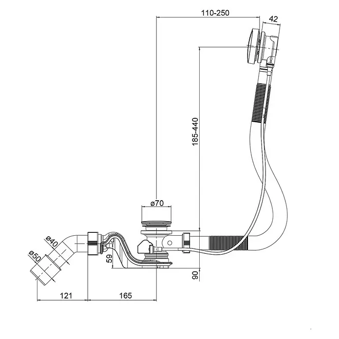 Ottofond Ab- & Überlaufgarnitur - Drehexcenterbetätigung, Geeignet für: Eckbadewannen, Chrom - Eine detaillierte Schemazeichnung eines Siphon-Ablaufsystems mit Maßangaben für Installation und Konstruktion.