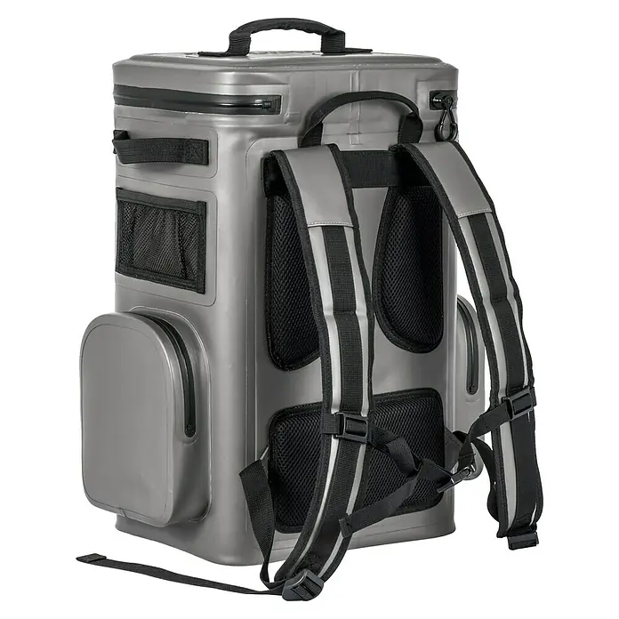 Petromax Kühlrucksack - Volumen: 17 l, Grau, L x B x H: 31 x 37,5 x 51,5 cm - Abgebildet ist ein grauer, wasserdichter Rucksack mit Tragegriff, Schultergurten und Seitentaschen. Ideal für Outdoor-Aktivitäten.