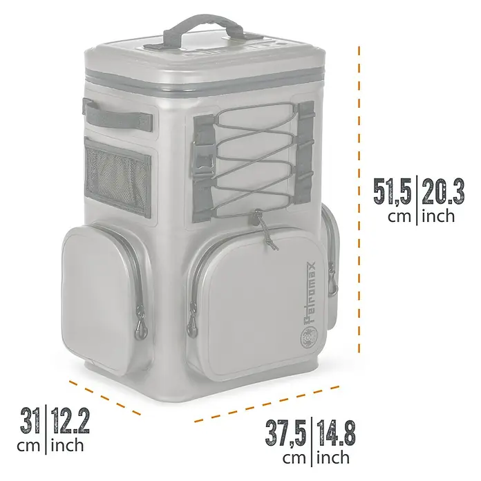 Petromax Kühlrucksack - Volumen: 17 l, Grau, L x B x H: 31 x 37,5 x 51,5 cm - Abmessungen des Petromax Kühlrucksacks Kex50: 51,5 x 37,5 x 31 cm. Der Rucksack bietet viel Stauraum für unterwegs und ist ideal für Outdoor-Aktivitäten.