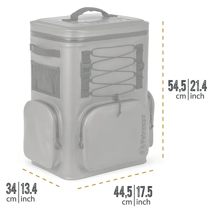 Petromax Kühlrucksack - Volumen: 27 l, Grau, L x B x H: 44,5 x 34 x 54,5 cm - Abgebildeter Petromax Kühlrucksack mit Maßangaben in cm und inch. Optimal für Campingausflüge und Outdoor-Abenteuer.