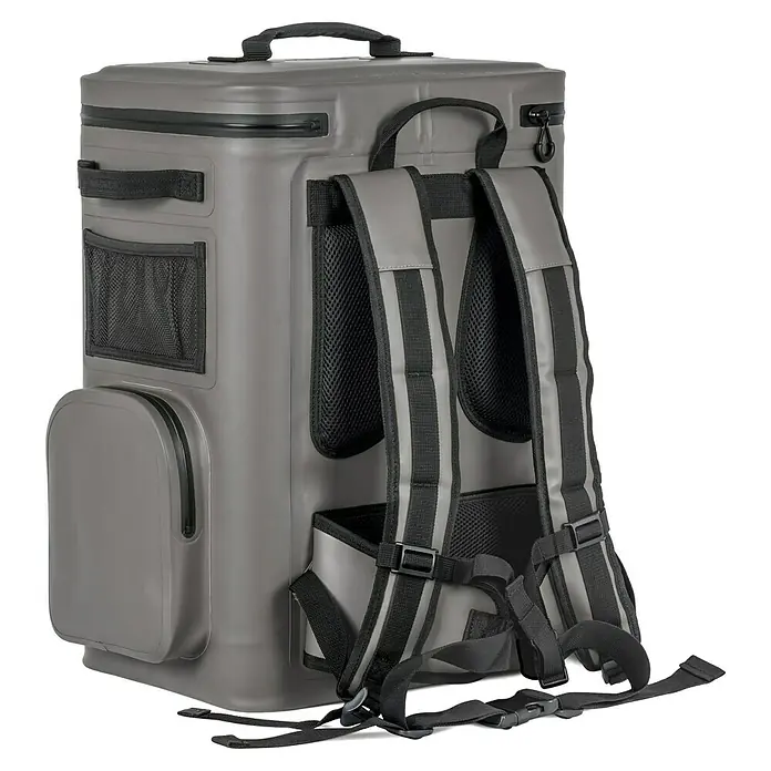 Petromax Kühlrucksack - Volumen: 27 l, Grau, L x B x H: 44,5 x 34 x 54,5 cm - Rückansicht eines grauen Rucksackkühlers mit gepolsterten Trägern, Netz- und Reißverschlusstaschen, ideal für Outdoor-Abenteuer.
