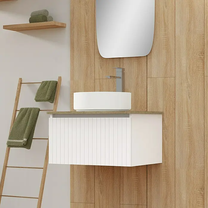Artysan Conjunto de mueble de baño Yako - Ancho: 60 cm, Blanco seda, 3 pzs. - Lavabo de baño moderno con mueble blanco y detalles de madera, exhibido bajo un espejo redondeado.