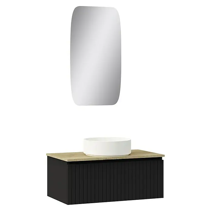 Artysan Conjunto de mueble de baño Yako - Ancho: 80 cm, Negro, 3 pzs. - Elegante conjunto de baño con lavabo de aspecto madera, armario negro y espejo rectangular para un ambiente moderno y elegante.