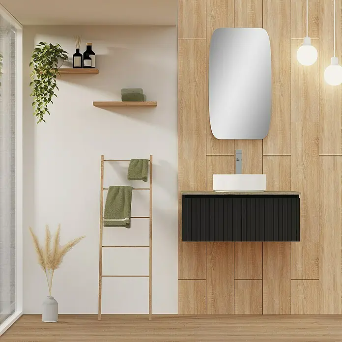 Artysan Conjunto de mueble de baño Yako - Ancho: 80 cm, Negro, 3 pzs. - Un interior de baño moderno con un tocador negro, lavabo y espejo.