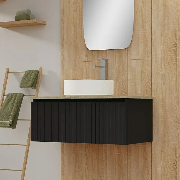 Artysan Conjunto de mueble de baño Yako - Ancho: 80 cm, Negro, 3 pzs. - La imagen muestra un lavabo de baño moderno con un mueble negro y un lavabo sobre encimera. Un espejo cuelga sobre el lavabo.