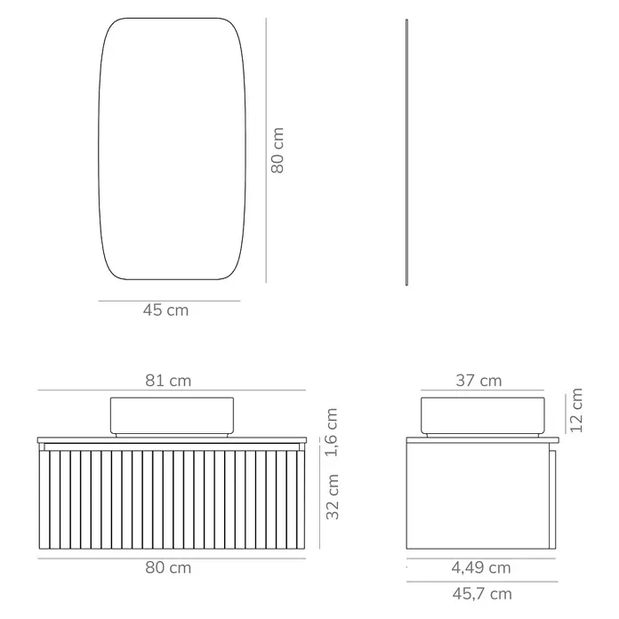 Artysan Conjunto de mueble de baño Yako - Ancho: 80 cm, Verde musgo, 3 pzs. - Dibujo técnico de un mueble de baño con espejo y las dimensiones correspondientes.