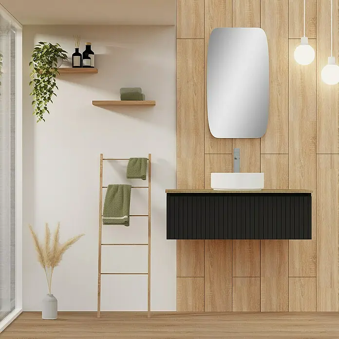 Artysan Conjunto de mueble de baño Yako - Ancho: 100 cm, Negro, 3 pzs. - El baño presenta un mueble de baño con un lavabo moderno y un espejo redondeado, sobre una pared con paneles de madera.