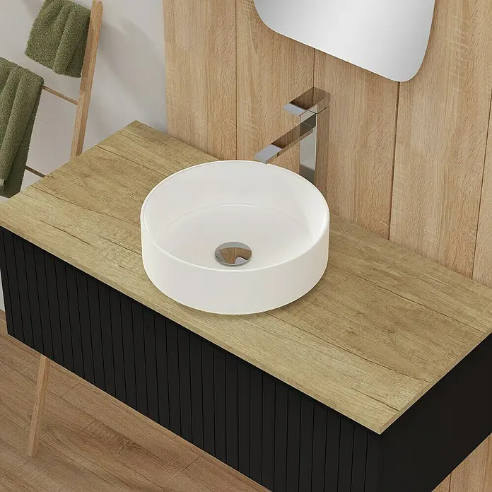 Artysan Conjunto de mueble de baño Yako - Ancho: 100 cm, Negro, 3 pzs. - Elegante lavabo de baño con encimera de madera y mueble negro. Perfecto para un diseño de baño moderno con un toque minimalista.