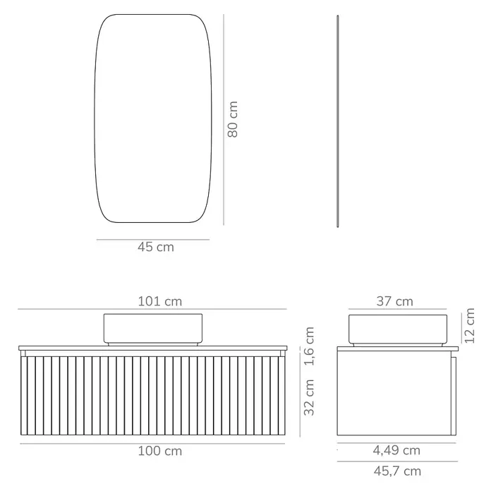 Artysan Conjunto de mueble de baño Yako - Ancho: 100 cm, Verde musgo, 3 pzs. - Dibujo detallado de un mueble de baño con lavabo y espejo, incluyendo todas las dimensiones en centímetros.
