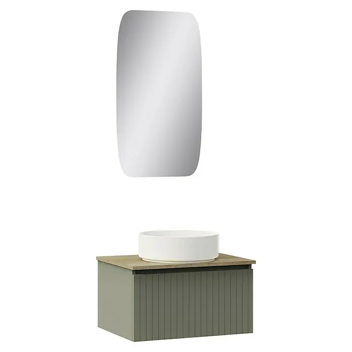 Artysan Conjunto de mueble de baño Yako - Ancho: 60 cm, Verde musgo, 3 pzs. - Un moderno tocador con un lavabo redondo sobre encimera y un gran espejo rectangular con esquinas redondeadas.